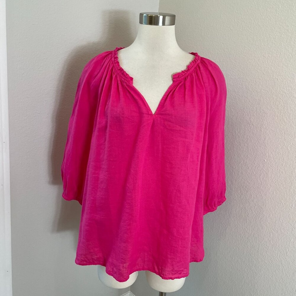 J Jill Womens XL Pink Love Linen Blouse Relaxed Fit V Neck Shirt Top 3/4 Sleeve